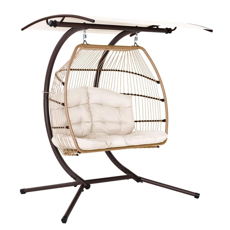 Gardeon Outdoor Egg Swing Chair Wicker Furniture Pod Stand Canopy 2 Seater - Latte