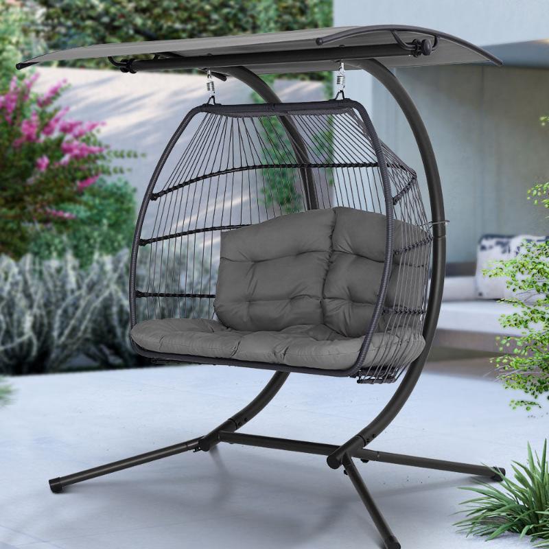 Gardeon Outdoor Egg Swing Chair Wicker Furniture Pod Stand Canopy 2 Seater - Grey