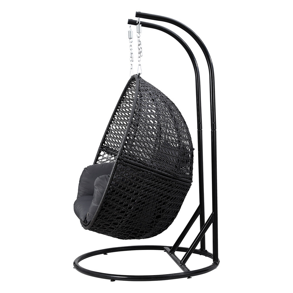Gardeon Outdoor Egg Swing Chair Hanging Pod Chair Wicker Cushion 2 Person - Grey