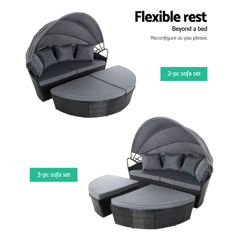 Gardeon Sun Lounge Wicker Outdoor Day Bed - 3pc- Black