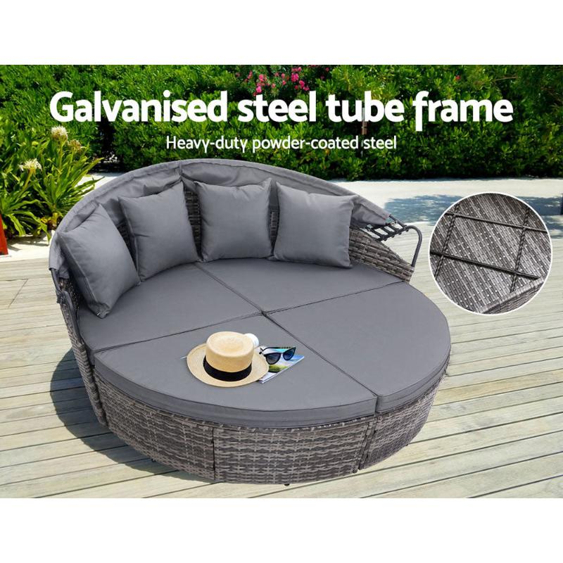 Gardeon Sun Lounge Wicker Outdoor Day Bed - 3pc- Grey