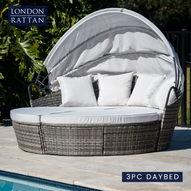 LONDON RATTAN 3pc Day Bed Round Lounge Outdoor Grey Wicker Furniture with Canopy - Off White